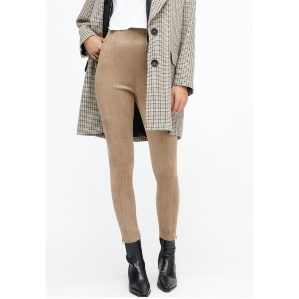 Zara Faux Suede High Waist Ankle Pants Women L Tan Stretch Office Minimalist NWT